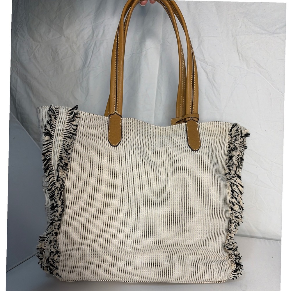 Vince Camuto Iona Tote Bag Black White Striped Cotton Fringe Tan Leather Straps